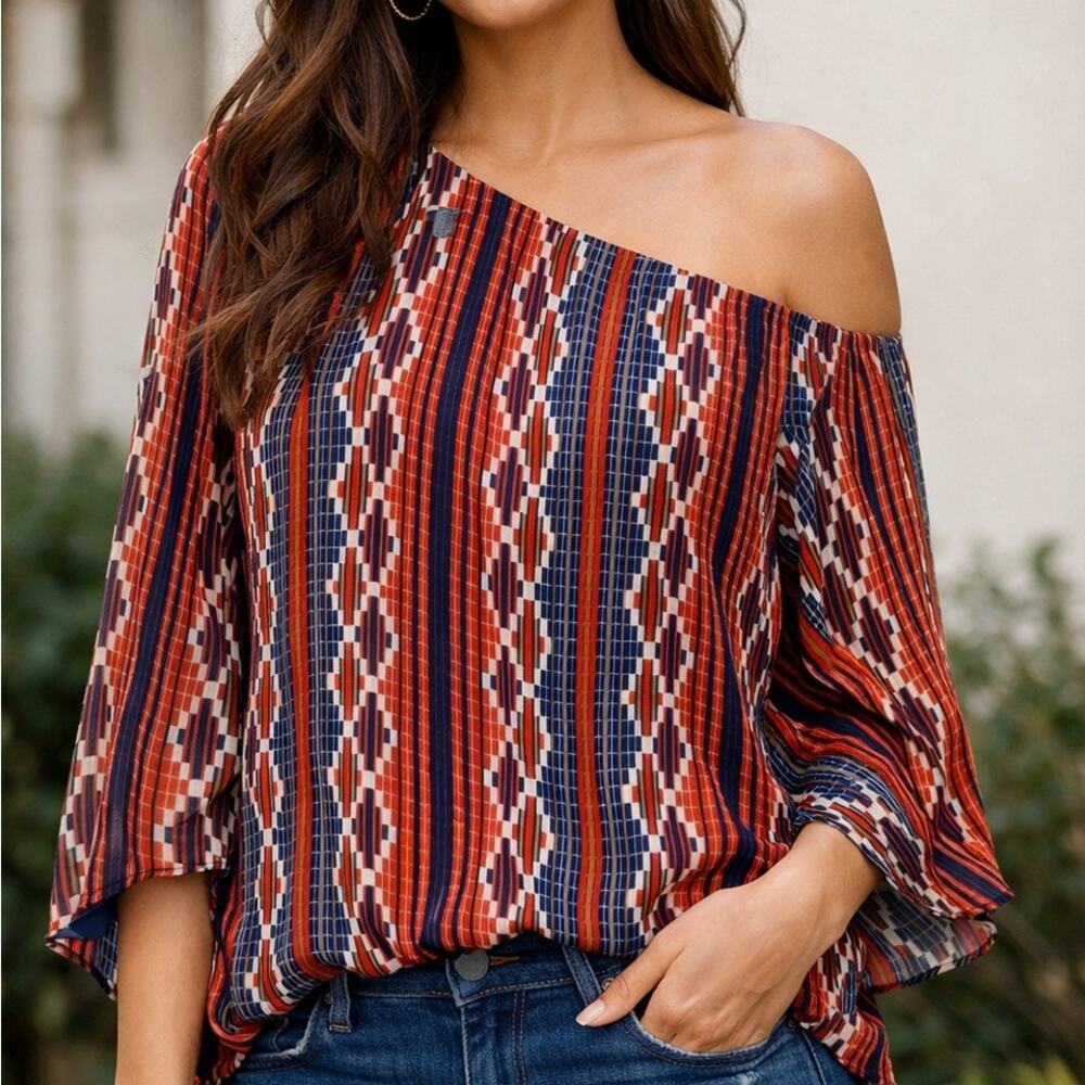 Judith March Blouse Womens Medium Red Stripe One Shoulder Boho Tunic Tribal